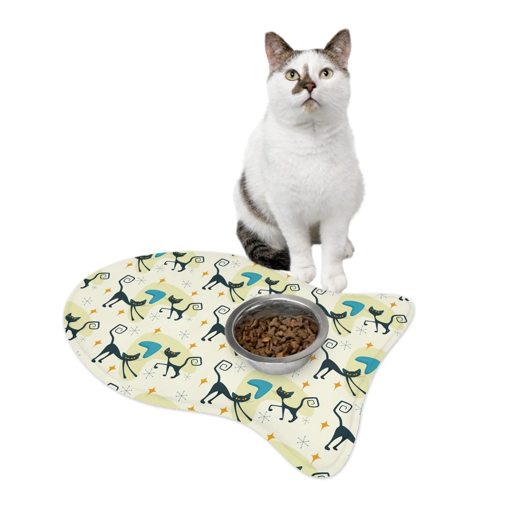 Atomic Kitschy Cat Fish Shaped Pet Feeding Mats, Retro Boomerang Starburst Non-Slip, Highly Absorbent Pads, Cat Lovers Gift - 127881923