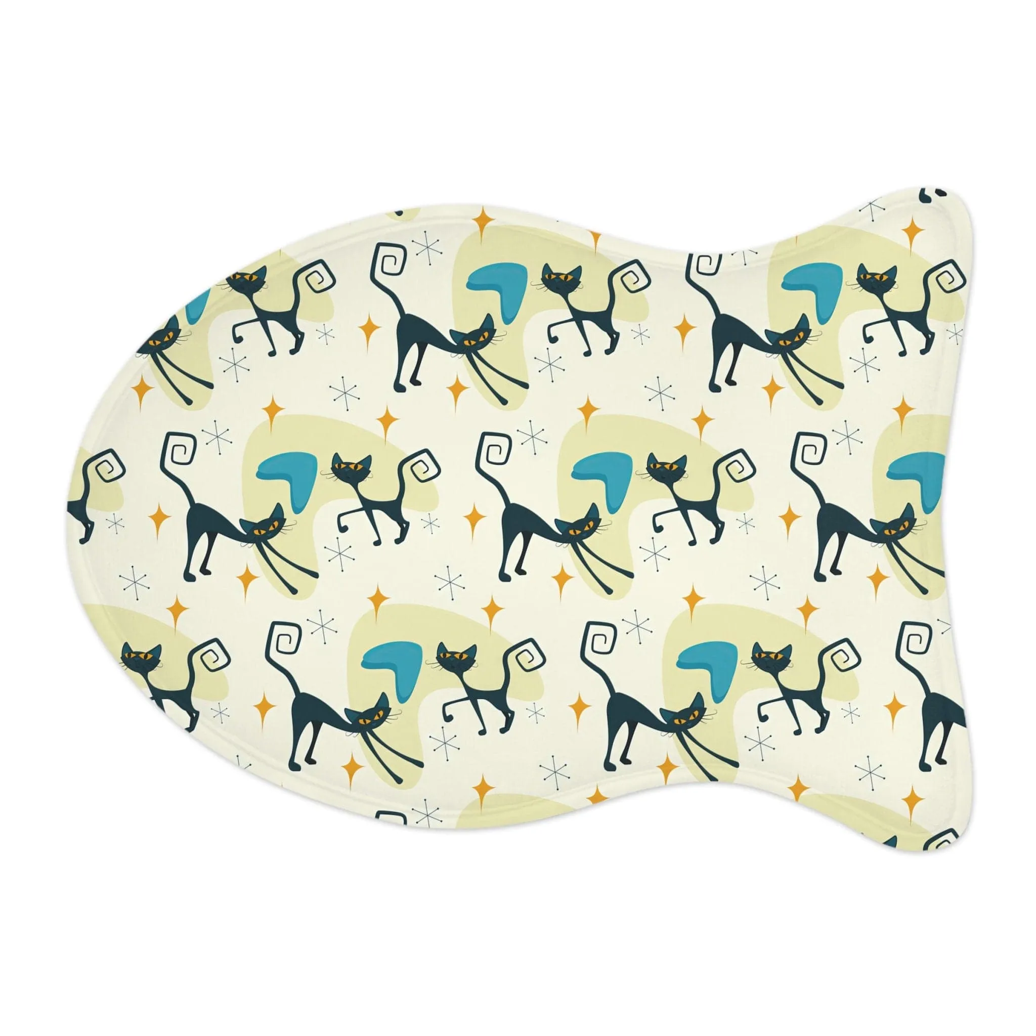 Atomic Kitschy Cat Fish Shaped Pet Feeding Mats, Retro Boomerang Starburst Non-Slip, Highly Absorbent Pads, Cat Lovers Gift - 127881923