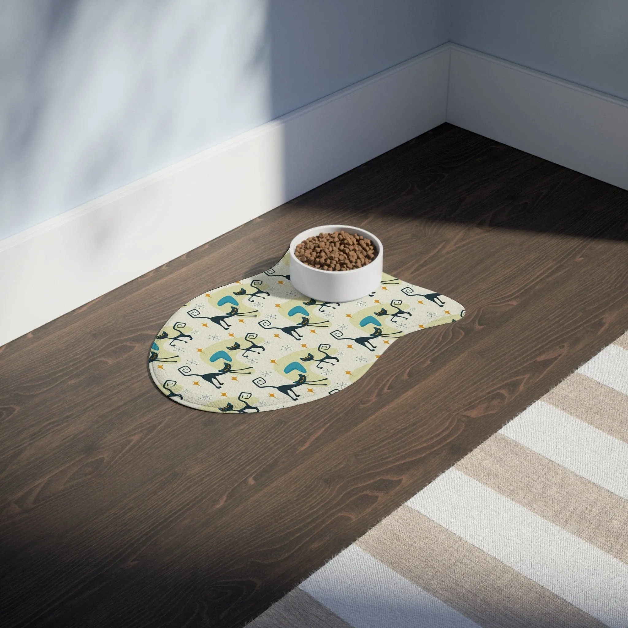 Atomic Kitschy Cat Fish Shaped Pet Feeding Mats, Retro Boomerang Starburst Non-Slip, Highly Absorbent Pads, Cat Lovers Gift - 127881923