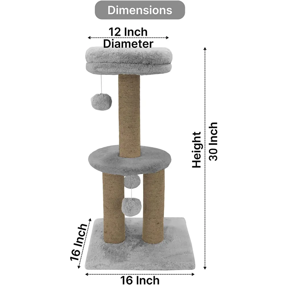 Hiputee Soft Fur Activity Scratching Post with Natural Sisal Rope Two Floor Tower with Three Hanging Balls Tree for Cats