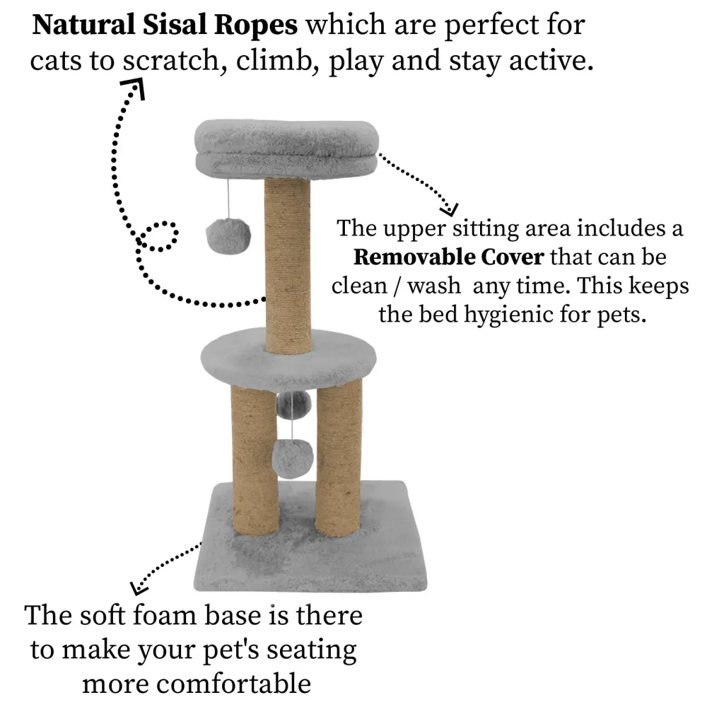 Hiputee Soft Fur Activity Scratching Post with Natural Sisal Rope Two Floor Tower with Three Hanging Balls Tree for Cats