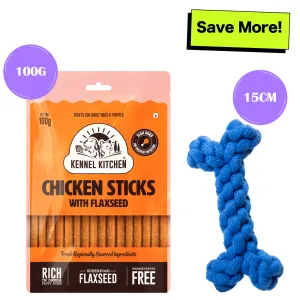 Kennel Kitchen Chicken & Flaxseed Sticks with Skatrs Bone Rope Chew Toy Combo for Dogs