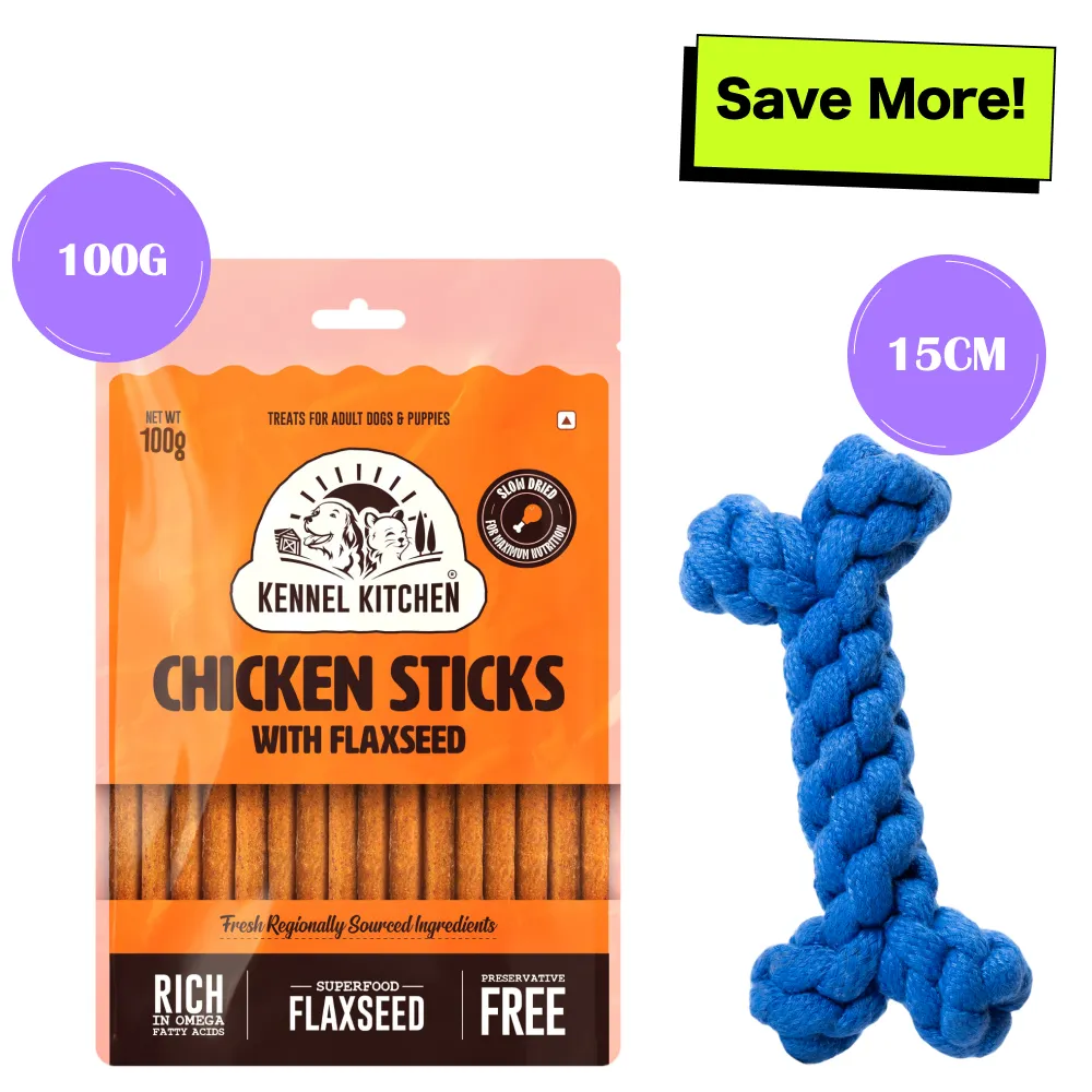 Kennel Kitchen Chicken & Flaxseed Sticks with Skatrs Bone Rope Chew Toy Combo for Dogs