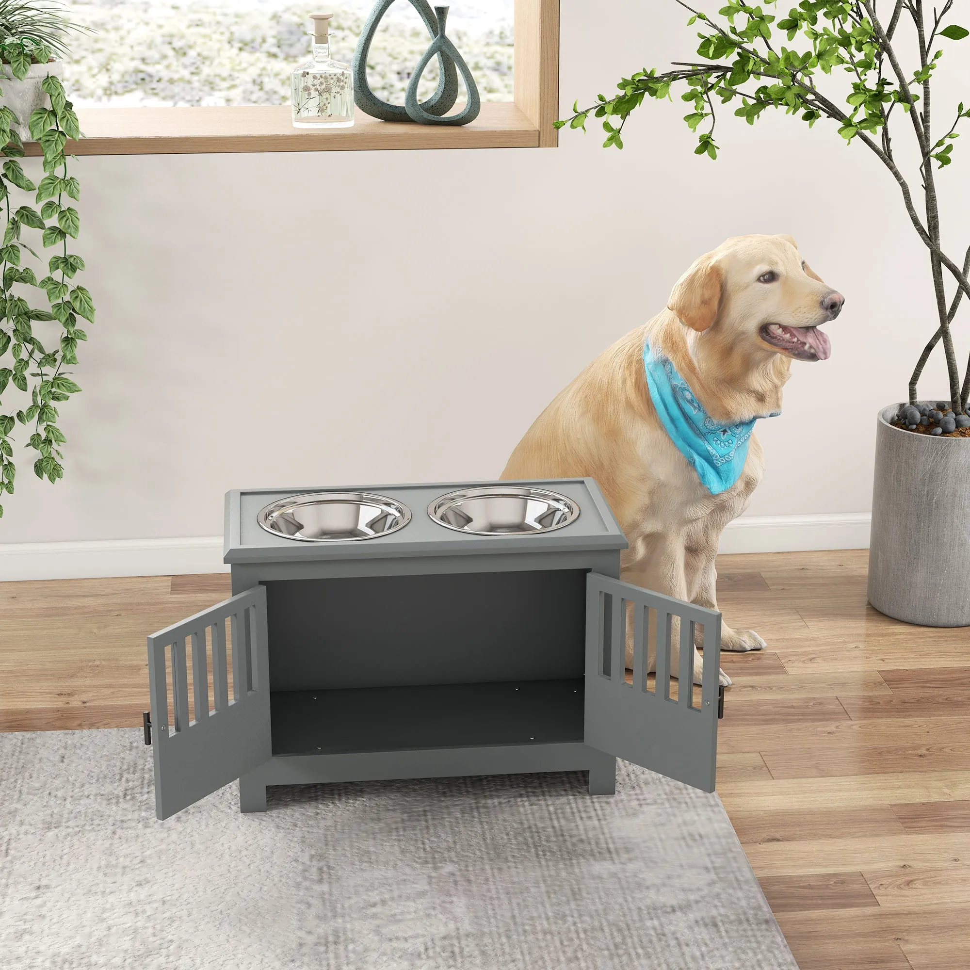 PawHut Raised Dog Bowls for Large Dogs Feeding Station w/ Stand, Storage - Grey
