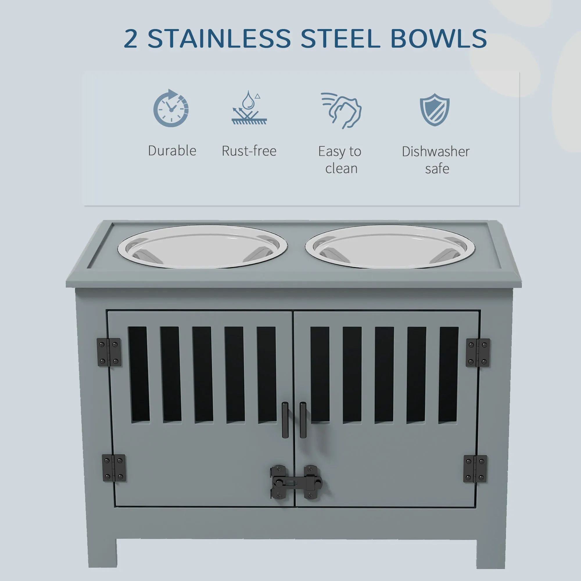 PawHut Raised Dog Bowls for Large Dogs Feeding Station w/ Stand, Storage - Grey