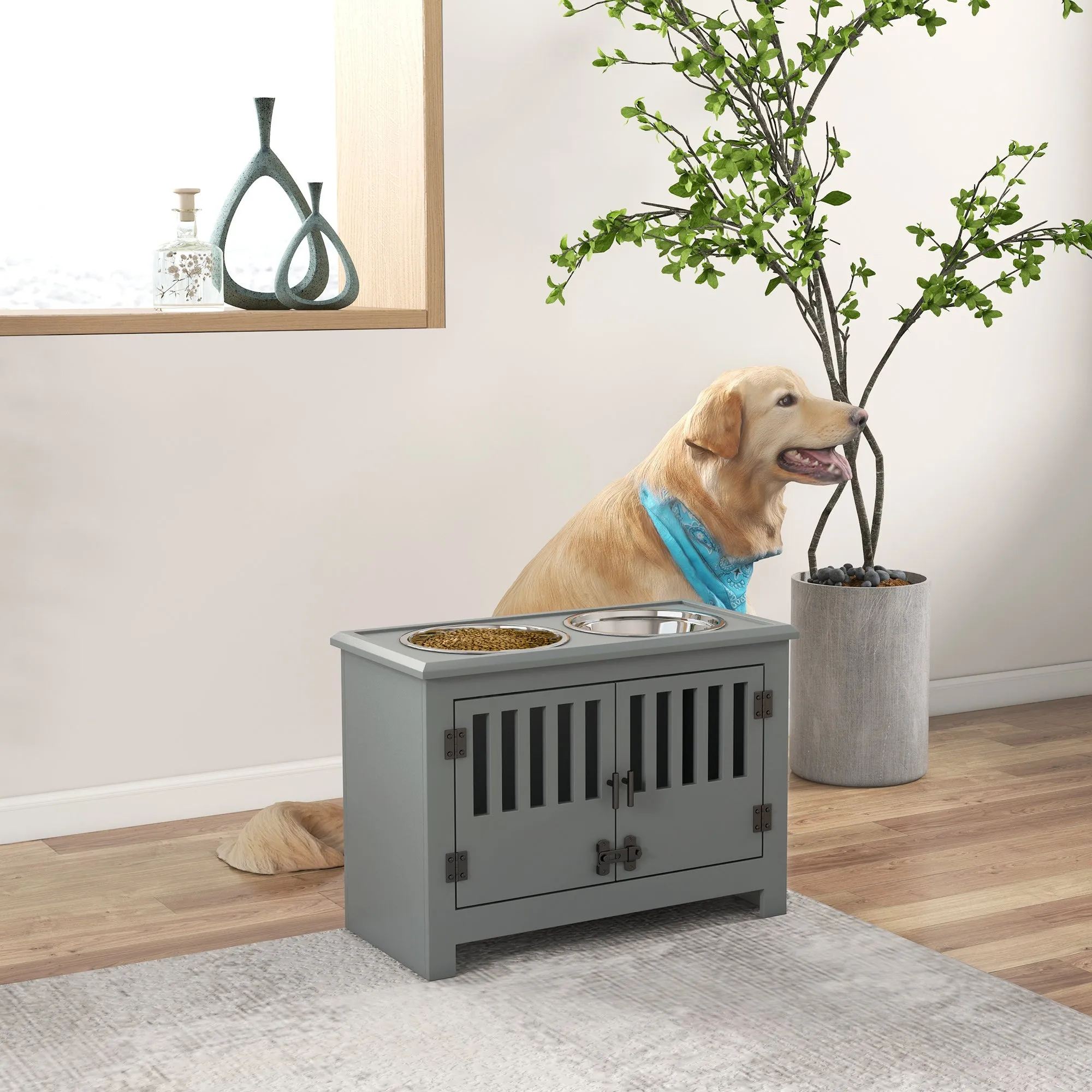 PawHut Raised Dog Bowls for Large Dogs Feeding Station w/ Stand, Storage - Grey