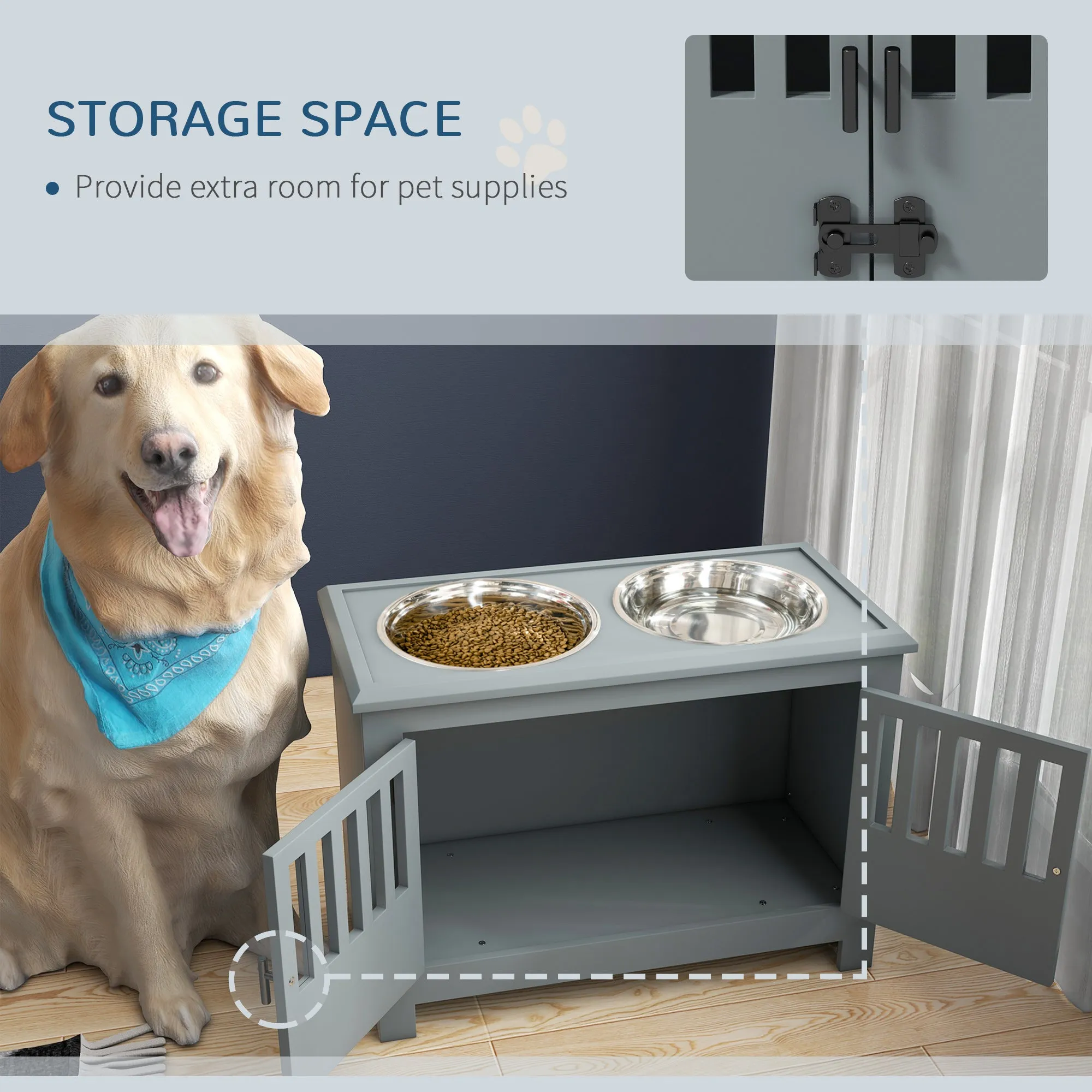 PawHut Raised Dog Bowls for Large Dogs Feeding Station w/ Stand, Storage - Grey