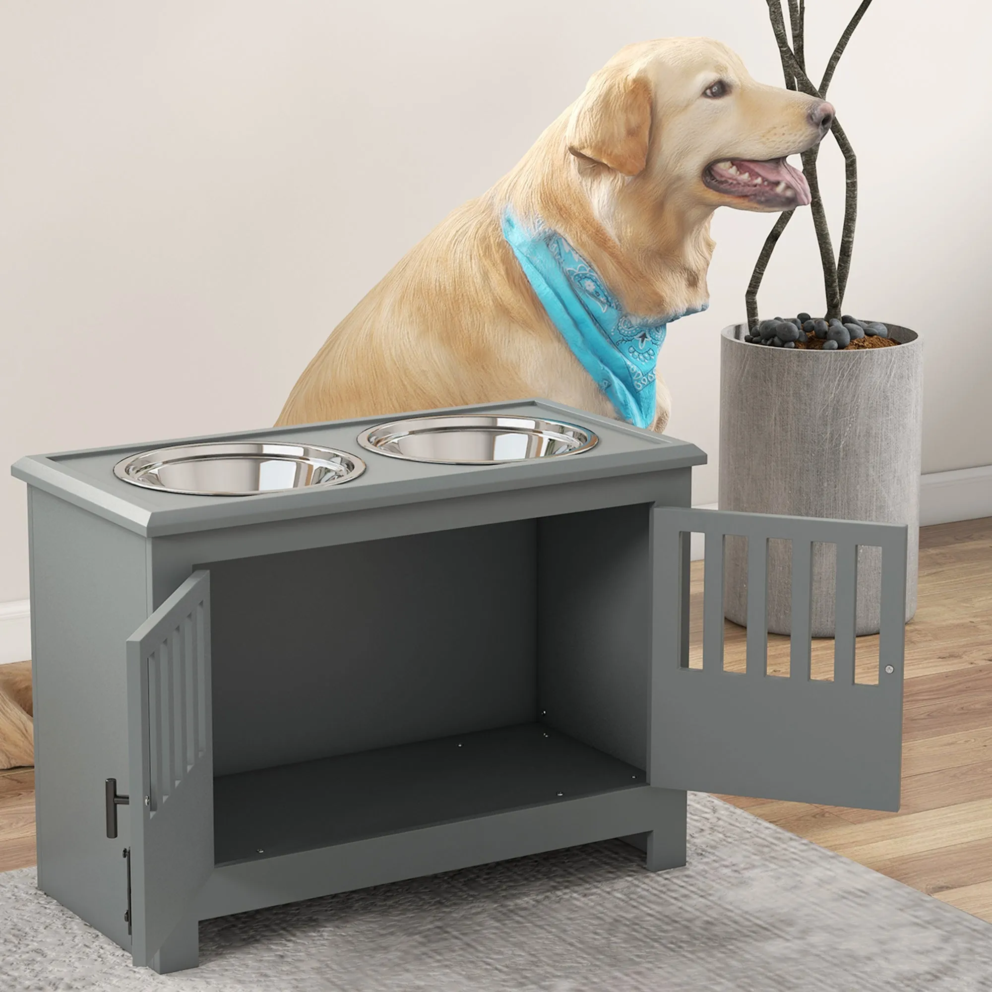 PawHut Raised Dog Bowls for Large Dogs Feeding Station w/ Stand, Storage - Grey