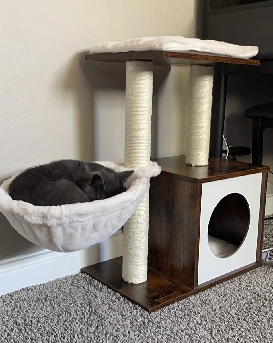 Small Cat Tree for Kittens, Modern Cat Tower for Indoor Cats, Wooden Cat Condo with Scratching Posts