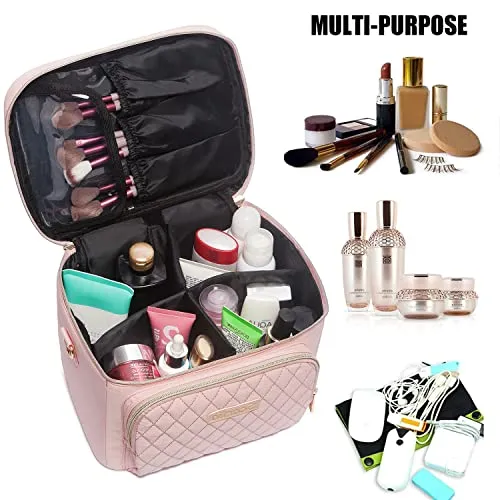 Travel Makeup Bag for Women, Scorila Large Cosmetic Case Organizer Fits Bottles Vertically, Toiletry Bag with Adjustable Dividers and Brush Holder, Portable Storage Bag with Strap for Girls, Pink