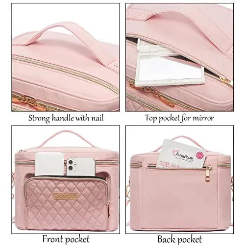 Travel Makeup Bag for Women, Scorila Large Cosmetic Case Organizer Fits Bottles Vertically, Toiletry Bag with Adjustable Dividers and Brush Holder, Portable Storage Bag with Strap for Girls, Pink