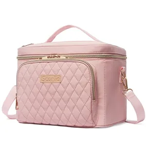 Travel Makeup Bag for Women, Scorila Large Cosmetic Case Organizer Fits Bottles Vertically, Toiletry Bag with Adjustable Dividers and Brush Holder, Portable Storage Bag with Strap for Girls, Pink