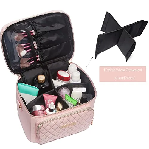Travel Makeup Bag for Women, Scorila Large Cosmetic Case Organizer Fits Bottles Vertically, Toiletry Bag with Adjustable Dividers and Brush Holder, Portable Storage Bag with Strap for Girls, Pink
