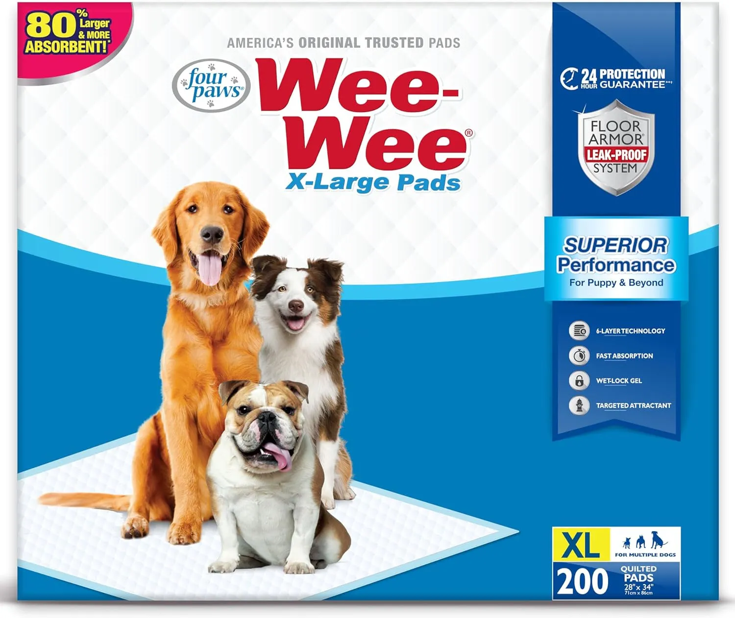 Wee-Wee Superior Performance X-Large Pee Pads for Dogs - Puppy & Dog Pads for Potty Training - Dog Supplies for Housebreaking - 28" X 34" (200 Count)